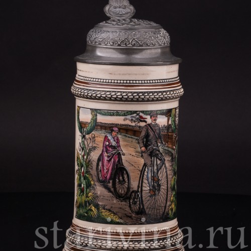 Старинная пивная кружка Велосипедисты, 1/2 л, Marzi & Remy, Германия, кон.19 в.