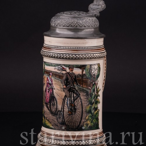 Старинная пивная кружка Велосипедисты, 1/2 л, Marzi & Remy, Германия, кон.19 в.
