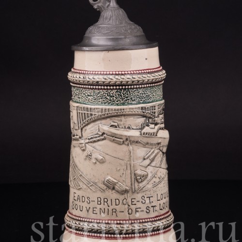 Старинная сувенирная кружка Мост Идс, сувенир из Сент-Луис, 1/2 л, Diesinger, Германия, 1904 г.