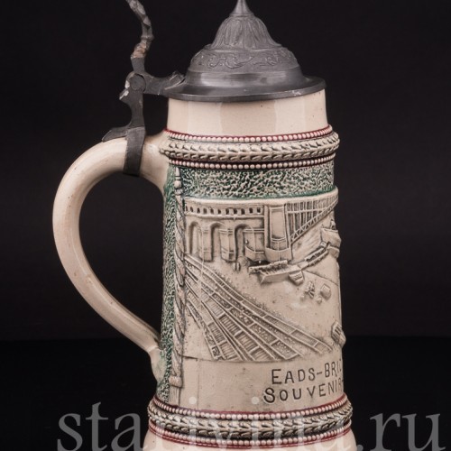 Старинная сувенирная кружка Мост Идс, сувенир из Сент-Луис, 1/2 л, Diesinger, Германия, 1904 г.