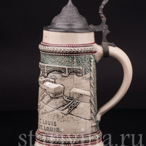 Старинная сувенирная кружка Мост Идс, сувенир из Сент-Луис, 1/2 л, Diesinger, Германия, 1904 г.