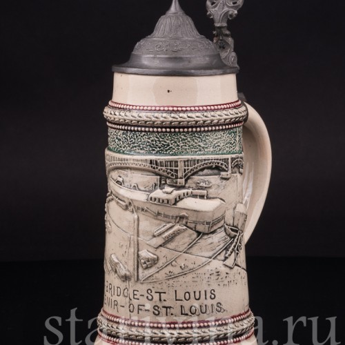 Старинная сувенирная кружка Мост Идс, сувенир из Сент-Луис, 1/2 л, Diesinger, Германия, 1904 г.
