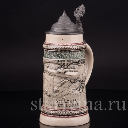 Старинная сувенирная кружка Мост Идс, сувенир из Сент-Луис, 1/2 л, Diesinger, Германия, 1904 г.