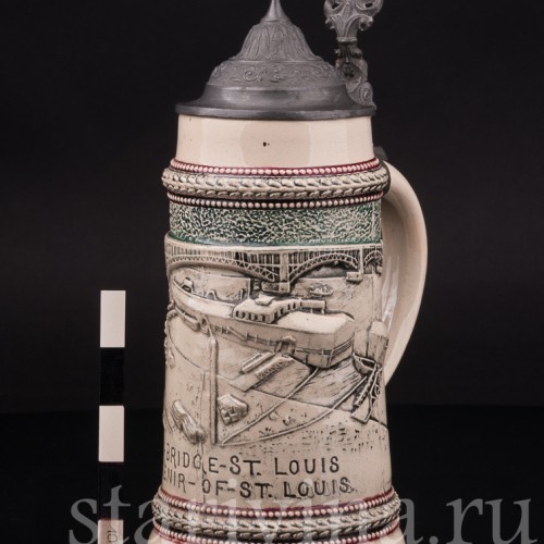 Старинная сувенирная кружка Мост Идс, сувенир из Сент-Луис, 1/2 л, Diesinger, Германия, 1904 г.