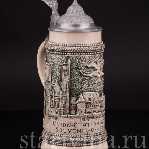 Старинная сувенирная кружка Юнион-стейшн, сувенир из Сент-Луис, 1/2 л, Diesinger, Германия, 1904 г.