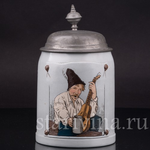 Старинная пивная кружка Мужчина с гитарой, Villeroy & Boch, Германия, 1908 г.