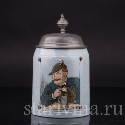 Старинная пивная кружка Курящий охотник, Villeroy & Boch, Германия, 1896 г.