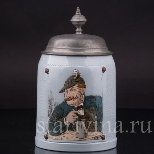 Старинная пивная кружка Курящий охотник, Villeroy & Boch, Германия, 1896 г.