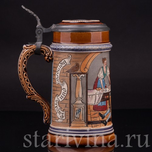 Старинная пивная кружка В таверне, 1/2 л, J. W. Remy, Германия, кон. 19 - нач. 20 вв.