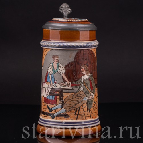 Старинная пивная кружка В таверне, 1/2 л, J. W. Remy, Германия, кон. 19 - нач. 20 вв.