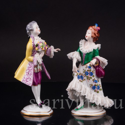 Фарфоровые статуэтки Галантая пара, кружевная, Volkstedt, Германия, вт. пол. 20 в.
