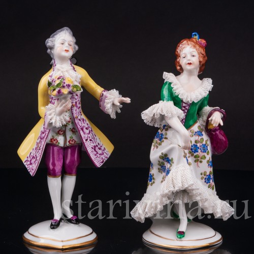Фарфоровые статуэтки Галантая пара, кружевная, Volkstedt, Германия, вт. пол. 20 в.