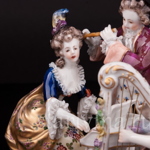 Фарфоровая композиция Музыкальное трио, кружевная миниатюра, Volkstedt, Германия, нач. 20 в.