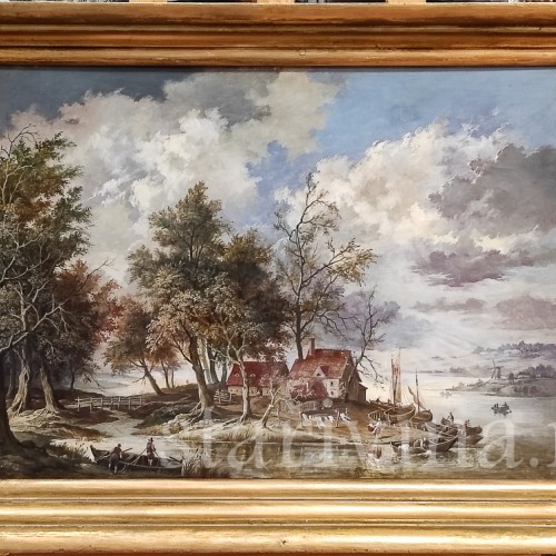 Картина маслом на оргалите Сельская идилия на берегу озера, Германия, 1946 г.