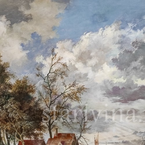 Картина маслом на оргалите Сельская идилия на берегу озера, Германия, 1946 г.