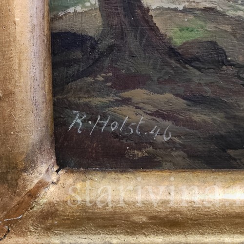 Картина маслом на оргалите Сельская идилия на берегу озера, Германия, 1946 г.