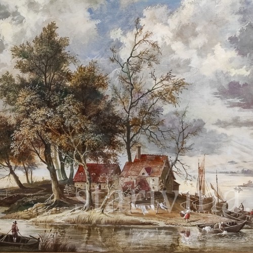 Картина маслом на оргалите Сельская идилия на берегу озера, Германия, 1946 г.