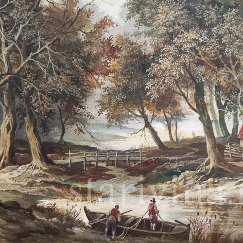 Картина маслом на оргалите Сельская идилия на берегу озера, Германия, 1946 г.