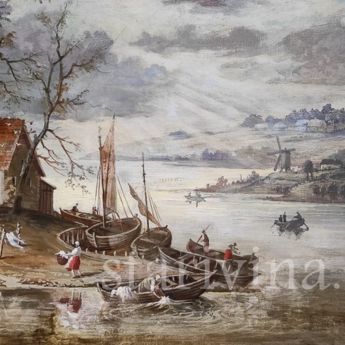 Картина маслом на оргалите Сельская идилия на берегу озера, Германия, 1946 г.