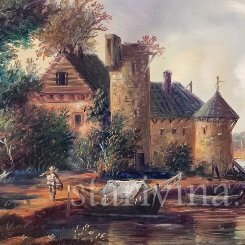 Картина маслом на меди Пейзаж со старой мельницей, Германия, вт.пол. 20 в.