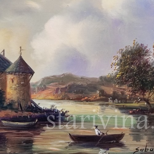 Картина маслом на меди Пейзаж со старой мельницей, Германия, вт.пол. 20 в.