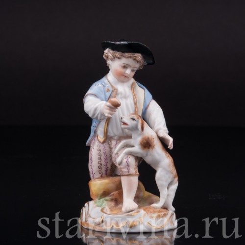 Фигурка из фарфора Мальчик, играющий с собакой, миниатюра, Richard Eckert & Co, Германия, 1906-08 гг.