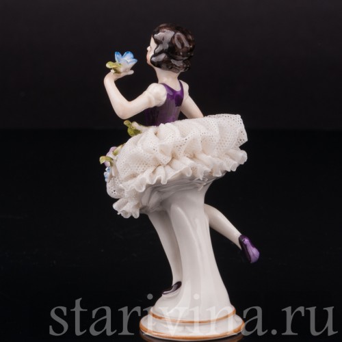Фигурка из фарфора Балерина с цветком, кружевная миниатюра, Volkstedt, Германия, пер. пол. 20 в.