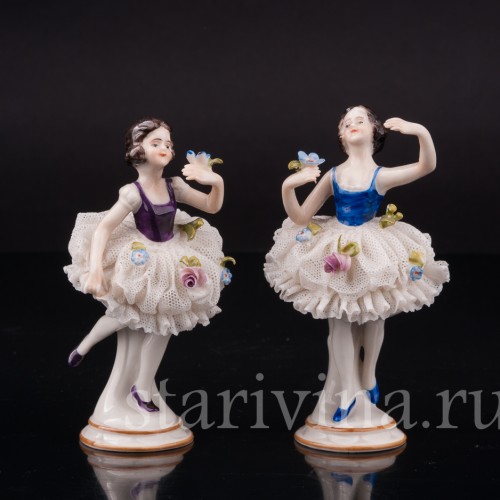 Фигурка из фарфора Балерина с цветком, кружевная миниатюра, Volkstedt, Германия, пер. пол. 20 в.