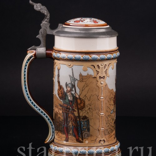 Старинная пивная кружка Музыкант и воины, 1/2 л, Villeroy & Boch, Германия, 1894 г.