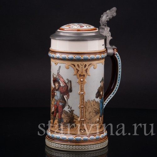 Старинная пивная кружка Музыкант и воины, 1/2 л, Villeroy & Boch, Германия, 1894 г.