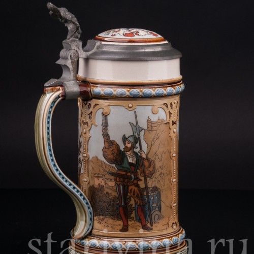 Старинная пивная кружка Музыкант и воины, 1/2 л, Villeroy & Boch, Германия, 1894 г.