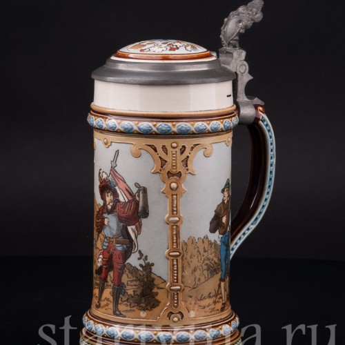 Старинная пивная кружка Музыкант и воины, 1/2 л, Villeroy & Boch, Германия, 1894 г.