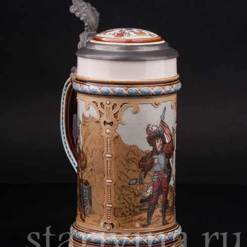 Старинная пивная кружка Музыкант и воины, 1/2 л, Villeroy & Boch, Германия, 1894 г.