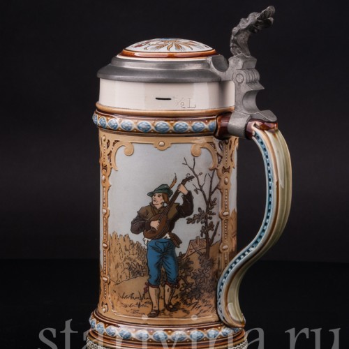 Старинная пивная кружка Музыкант и воины, 1/2 л, Villeroy & Boch, Германия, 1894 г.