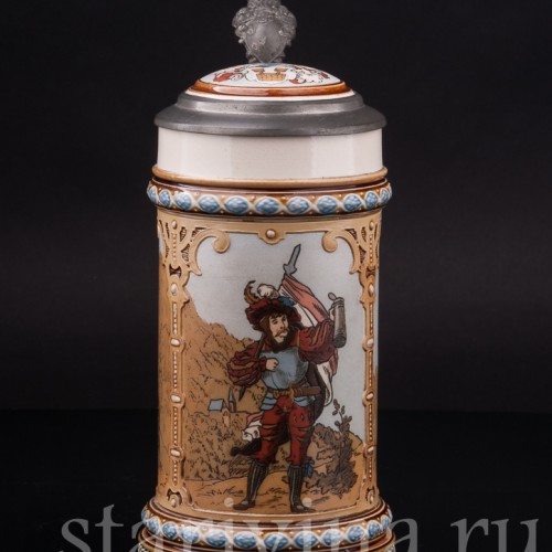 Старинная пивная кружка Музыкант и воины, 1/2 л, Villeroy & Boch, Германия, 1894 г.