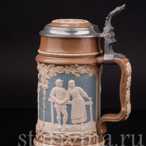 Старинная пивная кружка Деревенские музыканты, 1/2 л, Villeroy & Boch, Германия, 1898 г.