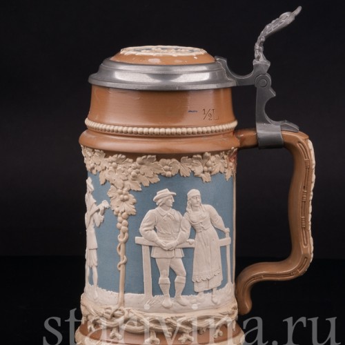 Старинная пивная кружка Деревенские музыканты, 1/2 л, Villeroy & Boch, Германия, 1898 г.