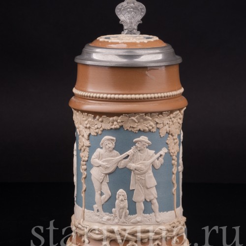 Старинная пивная кружка Деревенские музыканты, 1/2 л, Villeroy & Boch, Германия, 1898 г.