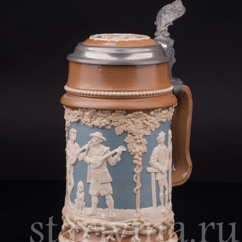 Старинная пивная кружка Деревенские музыканты, 1/2 л, Villeroy & Boch, Германия, 1898 г.
