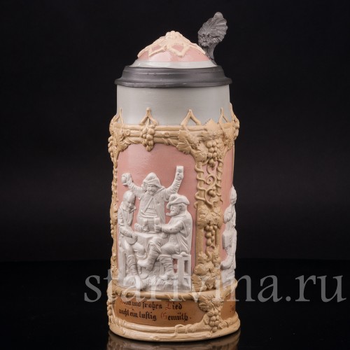 Старинная пивная кружка Сцены в таверне, 1 л, Villeroy & Boch, Германия, 1908 г.