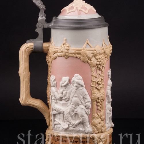 Старинная пивная кружка Сцены в таверне, 1 л, Villeroy & Boch, Германия, 1908 г.