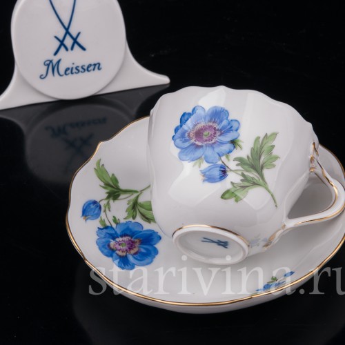 Кофейная пара Синяя анемона, Meissen, Германия, вт. пол. 20 в.