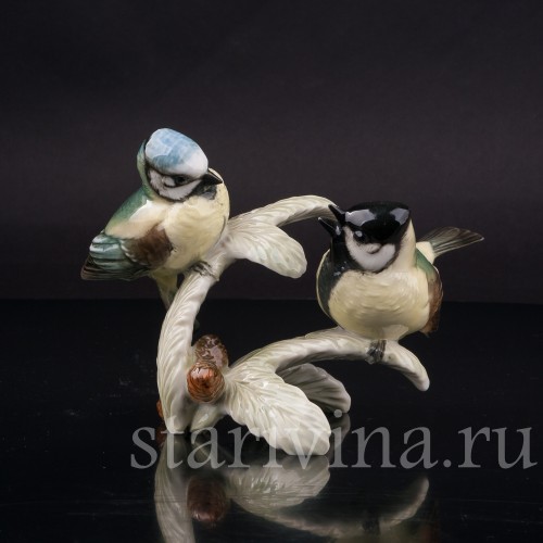 Фарфоровая статуэтка птиц, Хохлатая синица и лазоревка Hutschenreuther, Германия, 1970 гг.