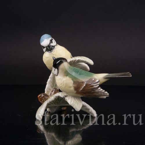 Фарфоровая статуэтка птиц, Хохлатая синица и лазоревка Hutschenreuther, Германия, 1970 гг.