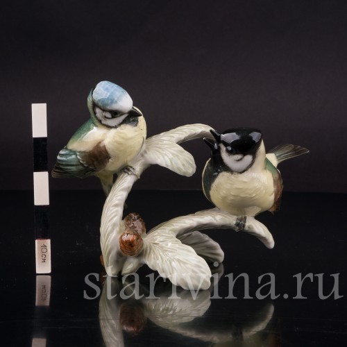Фарфоровая статуэтка птиц, Хохлатая синица и лазоревка Hutschenreuther, Германия, 1970 гг.