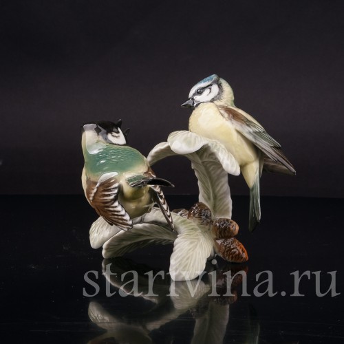 Фарфоровая статуэтка птиц, Хохлатая синица и лазоревка Hutschenreuther, Германия, 1970 гг.