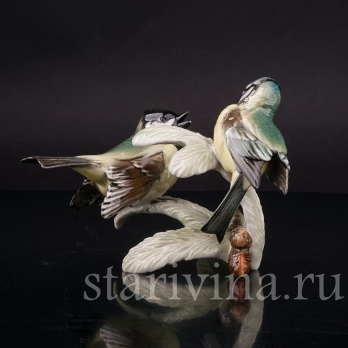 Фарфоровая статуэтка птиц, Хохлатая синица и лазоревка Hutschenreuther, Германия, 1970 гг.