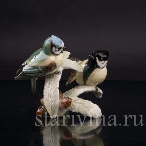 Фарфоровая статуэтка птиц, Хохлатая синица и лазоревка Hutschenreuther, Германия, 1970 гг.