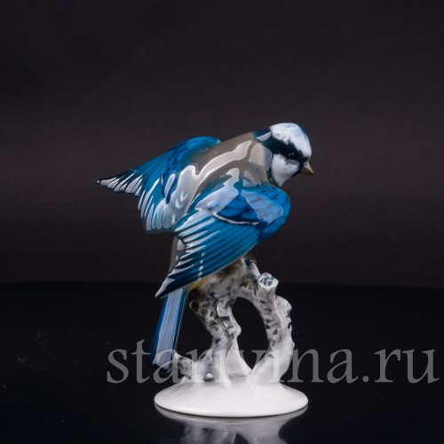 Статуэтка птицы из фарфора Лазоревка с поднятым крылом, Rosenthal, Германия, 1970 гг.