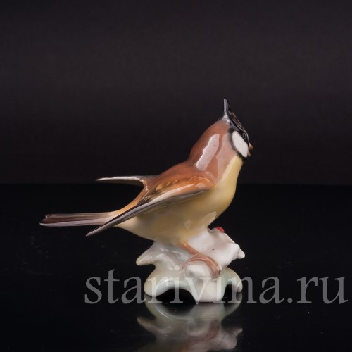 Фигурка птицы из фарфора Хохлатая синица, миниатюра, Hutschenreuther, Германия, 1955-68 гг.